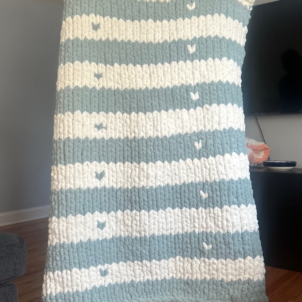 Striped Green and White Knit Blanket